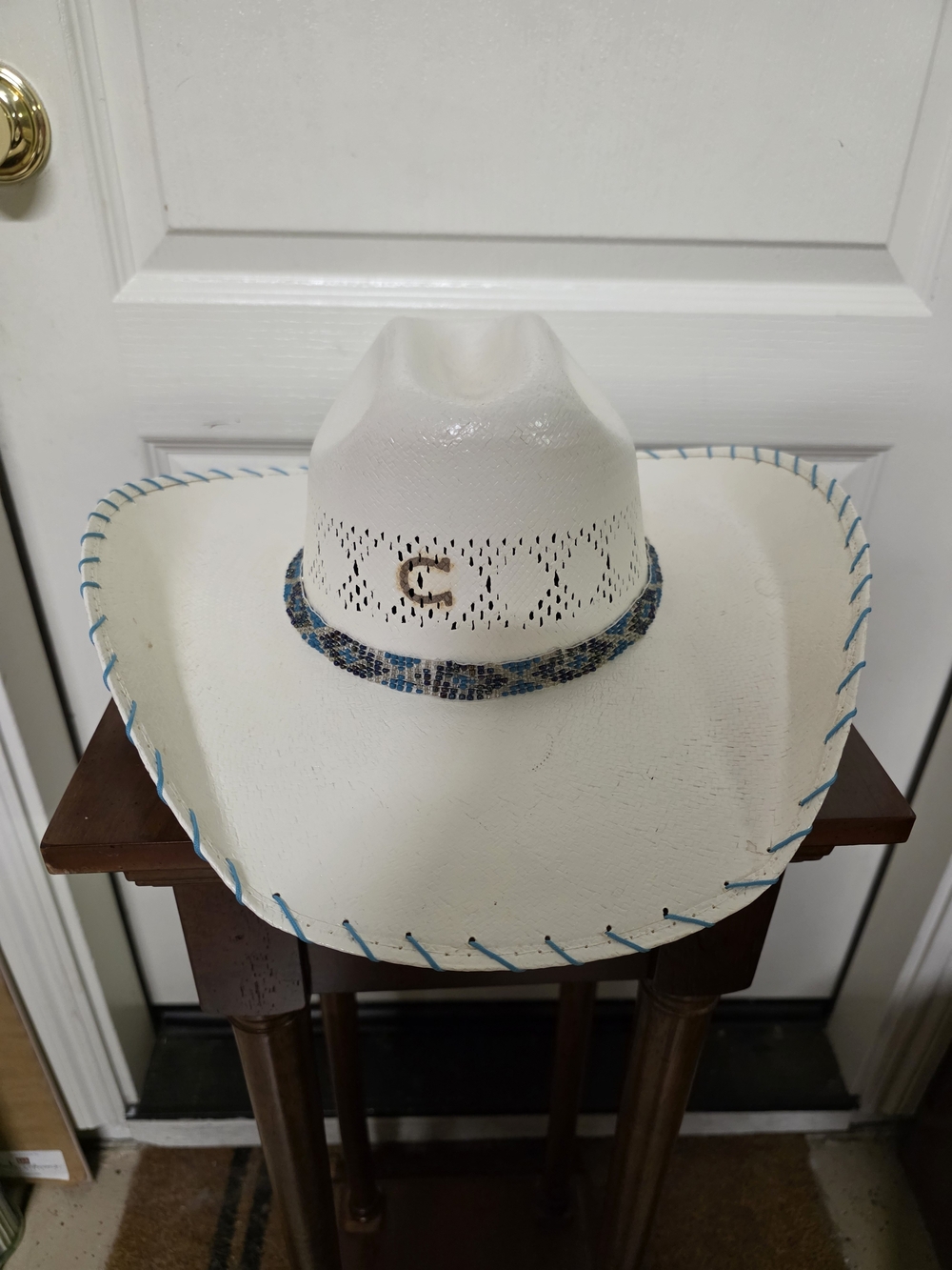 White Straw Cowboy Hat with Blue Accents